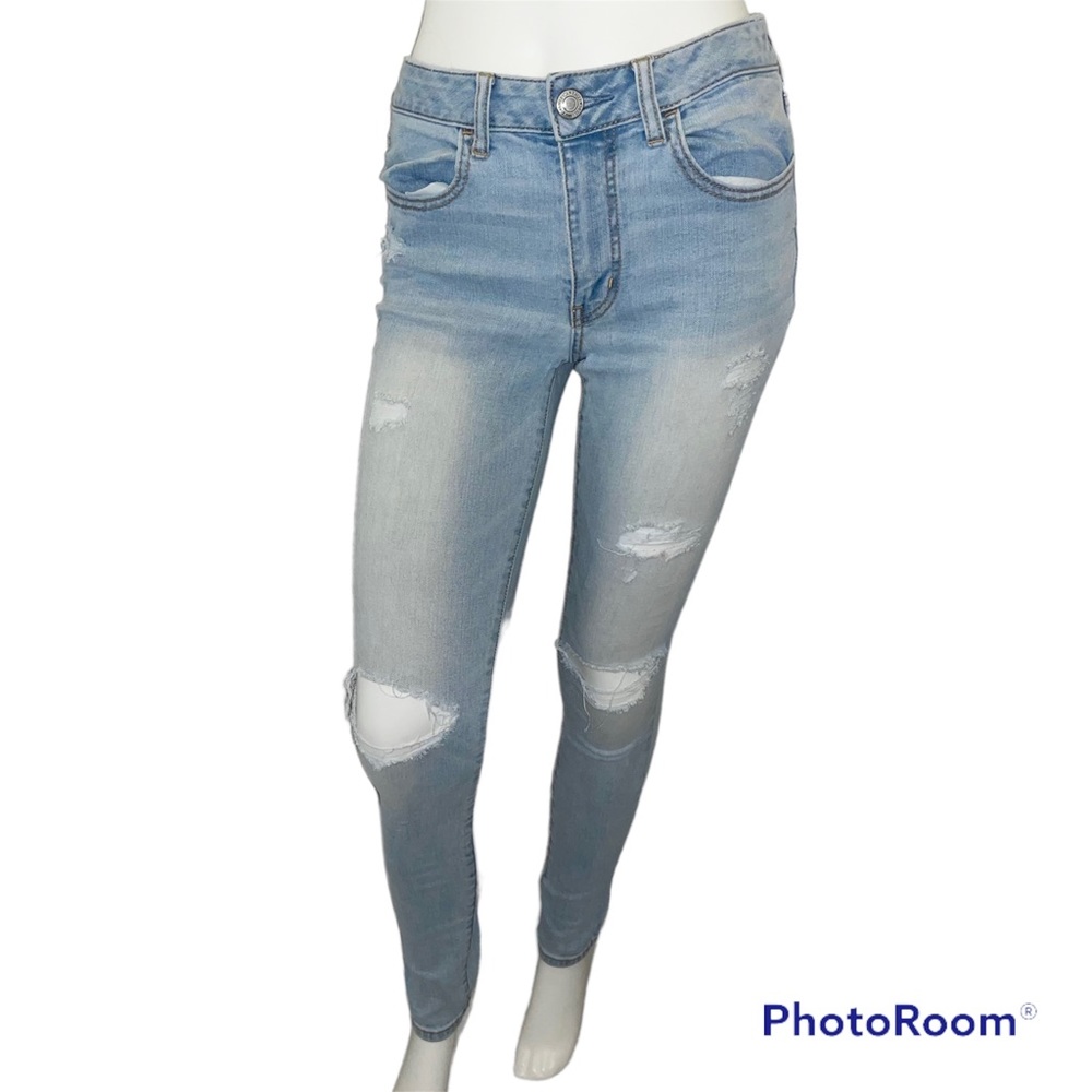 American Eagle Light Wash Distressed Hi-Rise Jegging Super Stretch Jeans Size 6